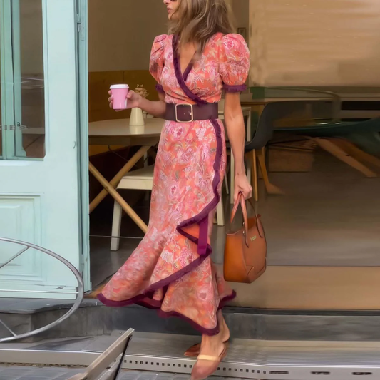 Sophie | Superbe Robe Maxi Rose Élégante à Manches Courtes pour un Style Sophistiqué