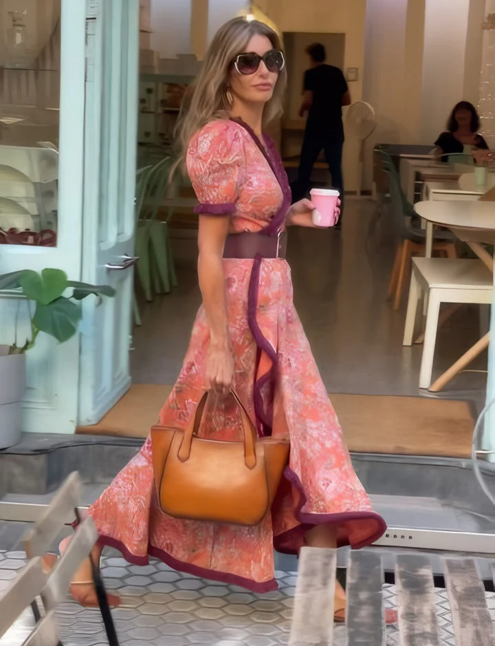 Sophie | Superbe Robe Maxi Rose Élégante à Manches Courtes pour un Style Sophistiqué